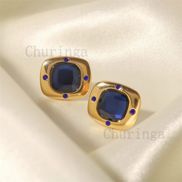 INS Style Inlaid Large Blue Cut Glass Square Stainless Steel Stud Earrings