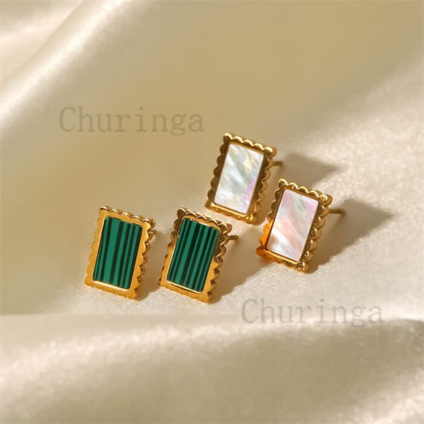 18K Gold Plated Malachite/White Shell Stainless Steel Square Stud Earrings