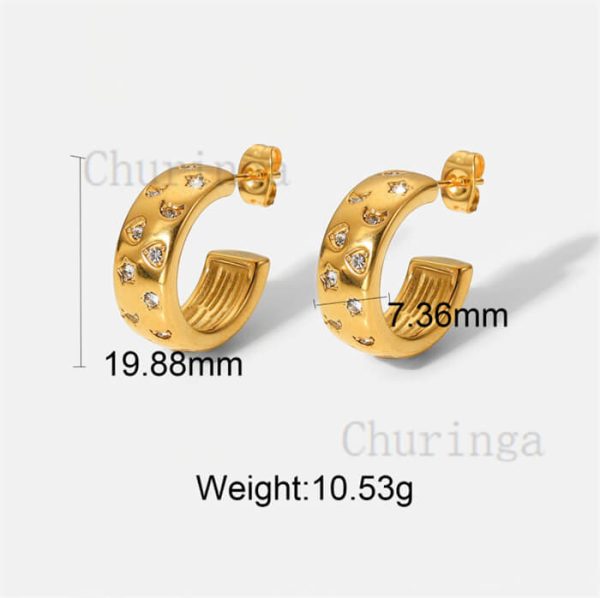 18K Gold Plated C Shape Stainless Steel Earrings With Zircon