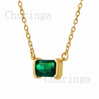 Retro High Class Square Inlaid Green Zirconium Stainless Steel Necklace