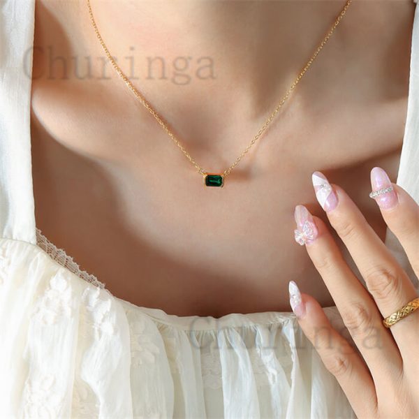 Retro High Class Square Inlaid Green Zirconium Stainless Steel Necklace