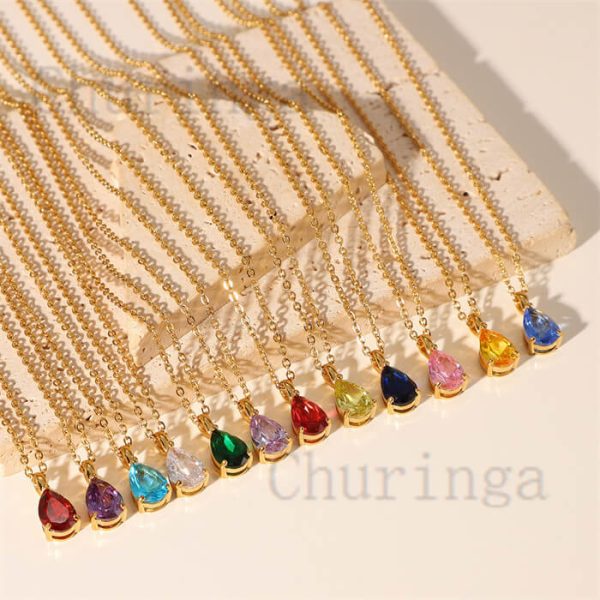 18K Gold Plated Birthstone Water Drop Zircon Stainless Steel Necklace