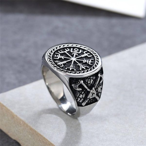 Viking Compass Axe Pattern Stainless Steel Ring
