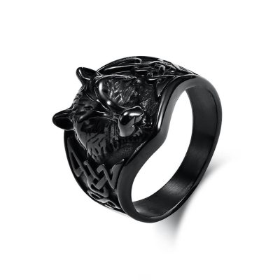 Viking wolf head black gold plated ring