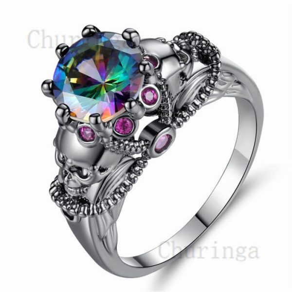 Creative Stainless Steel Inlaid Colorful Zircon Skull Engagement Ring