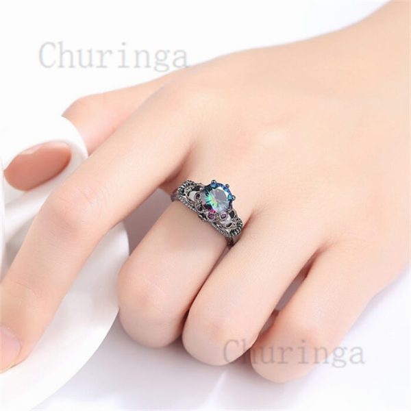 Creative Stainless Steel Inlaid Colorful Zircon Skull Engagement Ring