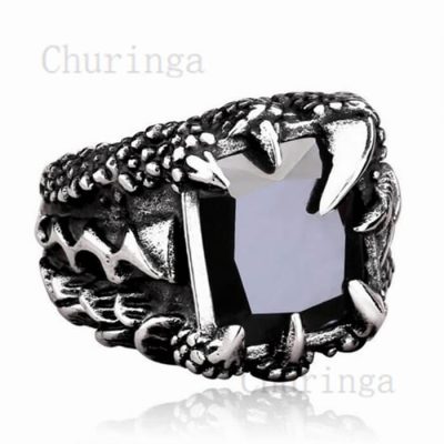 European and American domineering stainless steel dragon claw inlaid with Black diamond skull ring