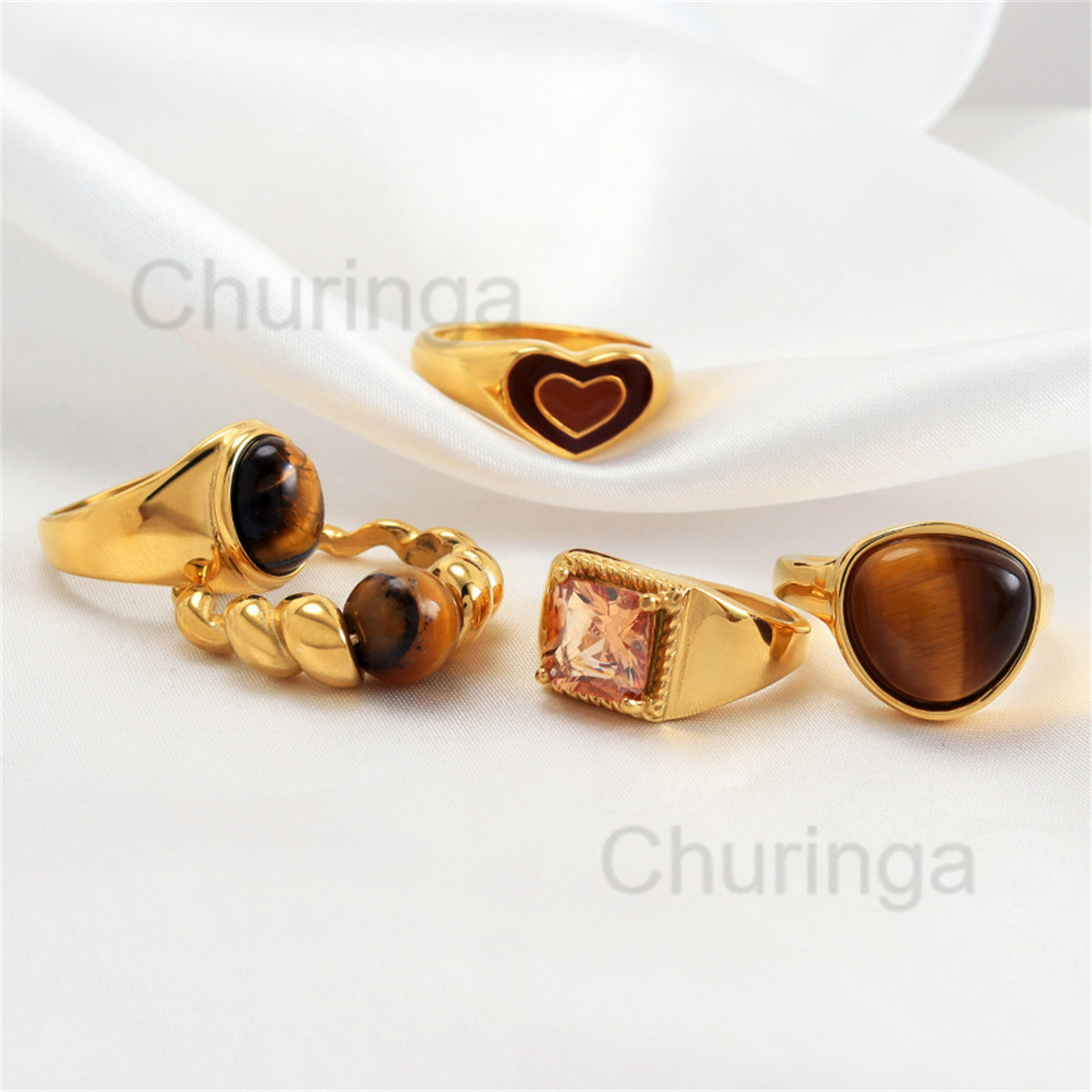 Stainless Steel Gold Plated Tiger Eye Ring