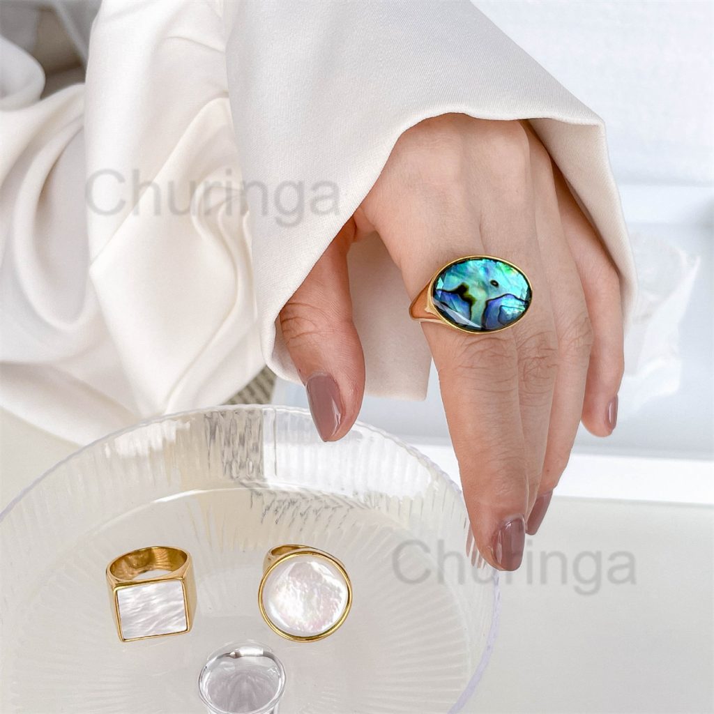 Stainless steel gold-plated oval abalone shell ring