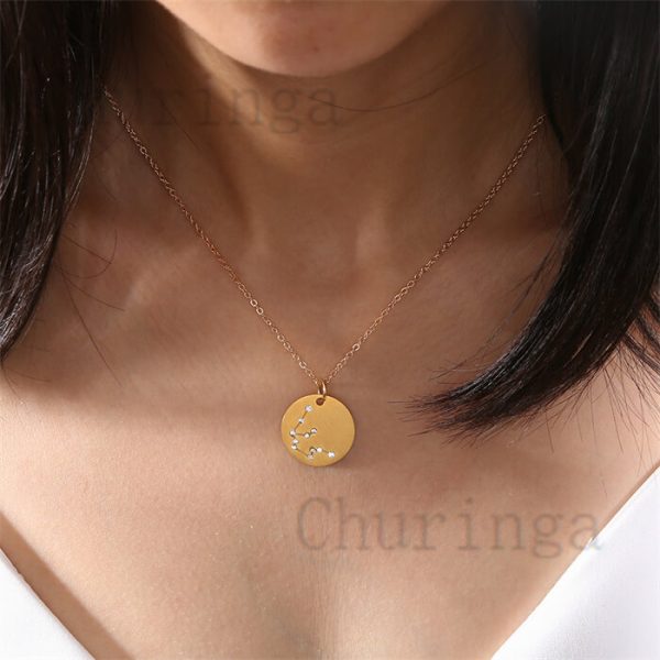 12 Constellation Round Brand Crystal Encrusted Gold Plated Stainless Steel Pendant