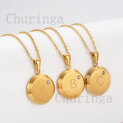 8K Gold Plated Round Crystal Inlaid Stainless Steel Monogram Necklace