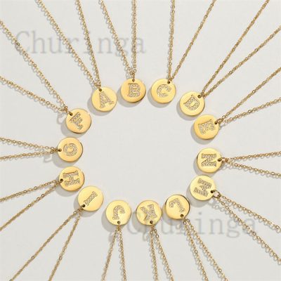 18K Gold Plated Round CNC Crystal-Encrusted Stainless Steel Monogram Necklace